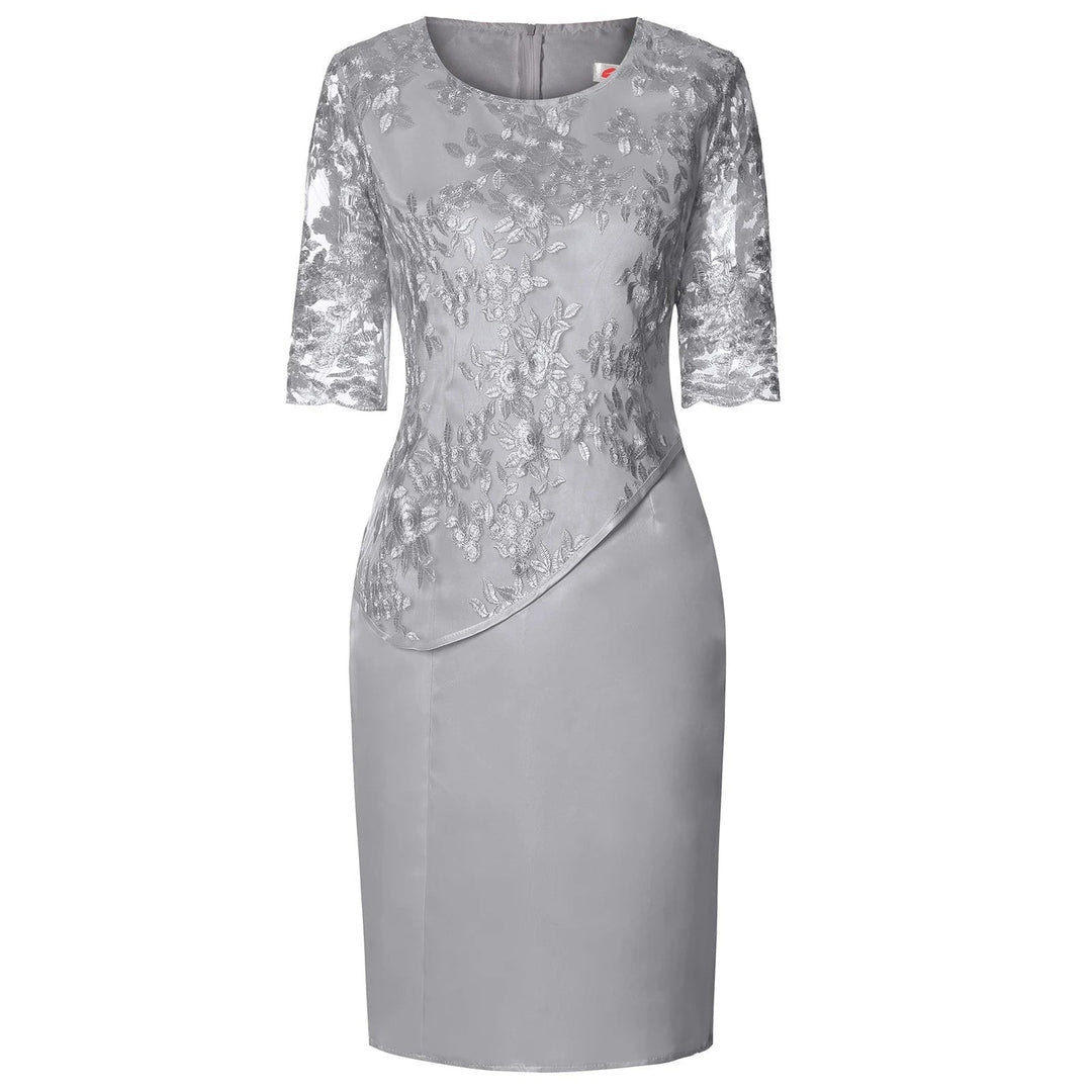 Isabella — Robe Midi Dentelle Brodee Grande Taille Formelle Rose Grise