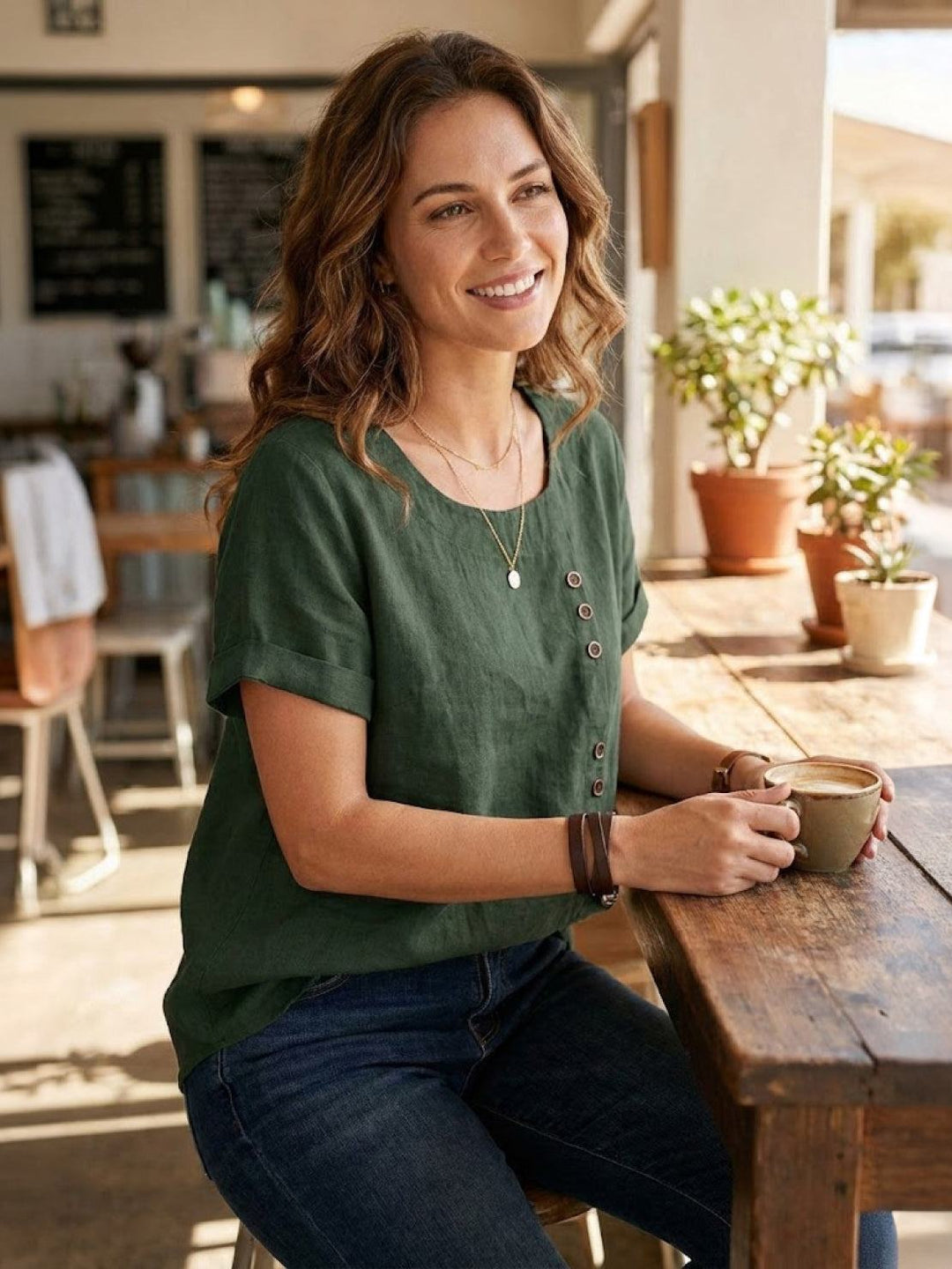 Taylor — Blouse Femme Lin naturel Deep Teal, Bleu Marine Pour Style Confirme