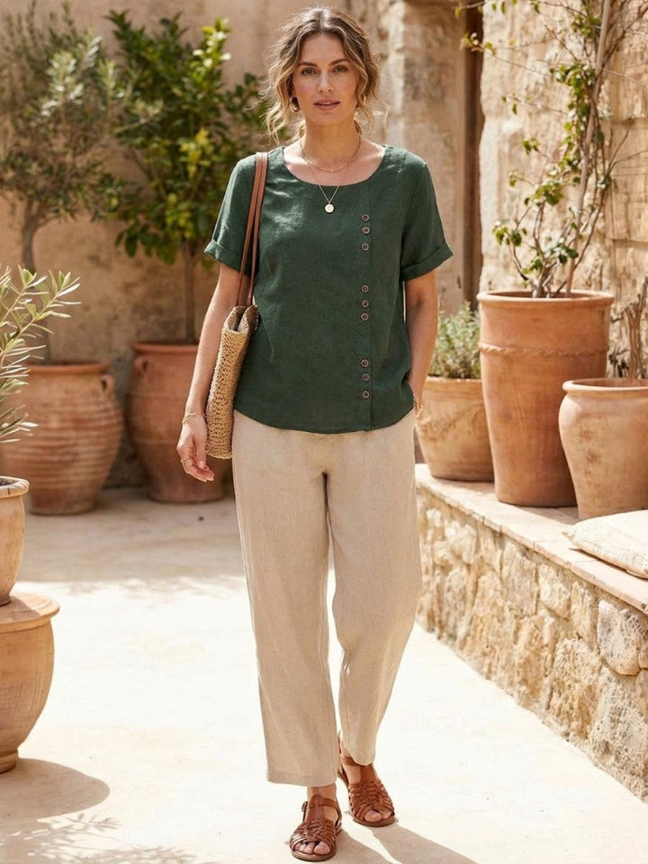 Taylor — Blouse Femme Lin naturel Deep Teal, Bleu Marine Pour Style Confirme