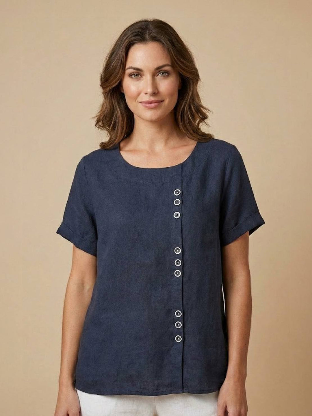 Taylor — Blouse Femme Lin naturel Deep Teal, Bleu Marine Pour Style Confirme