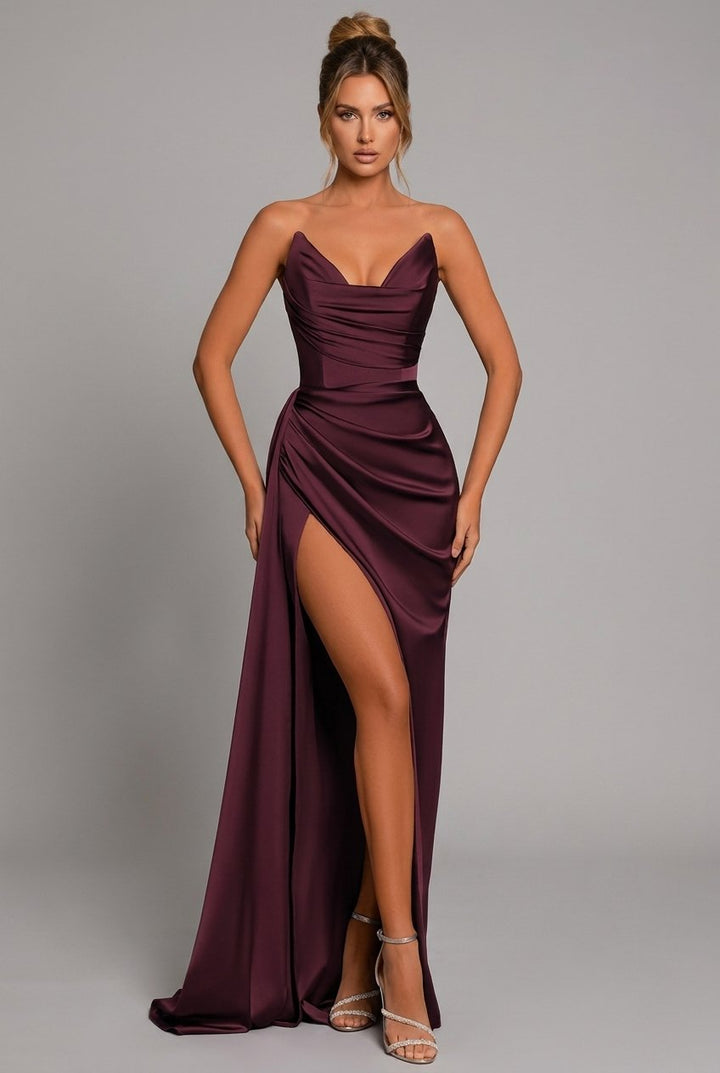 Charlotte — Robe Femme Satin Crimson Red, Noire, Bleu Ciel Pour Style Confirme