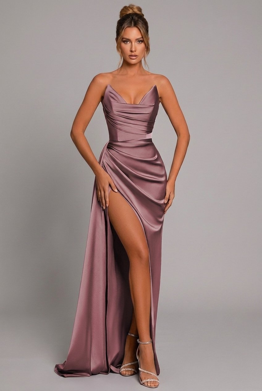 Charlotte — Robe Femme Satin Crimson Red, Noire, Bleu Ciel Pour Style Confirme