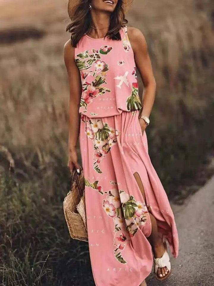 Layla — Robe Maxi Sans Manches Taille Elastique Boho Ete Orange Rose Bleue