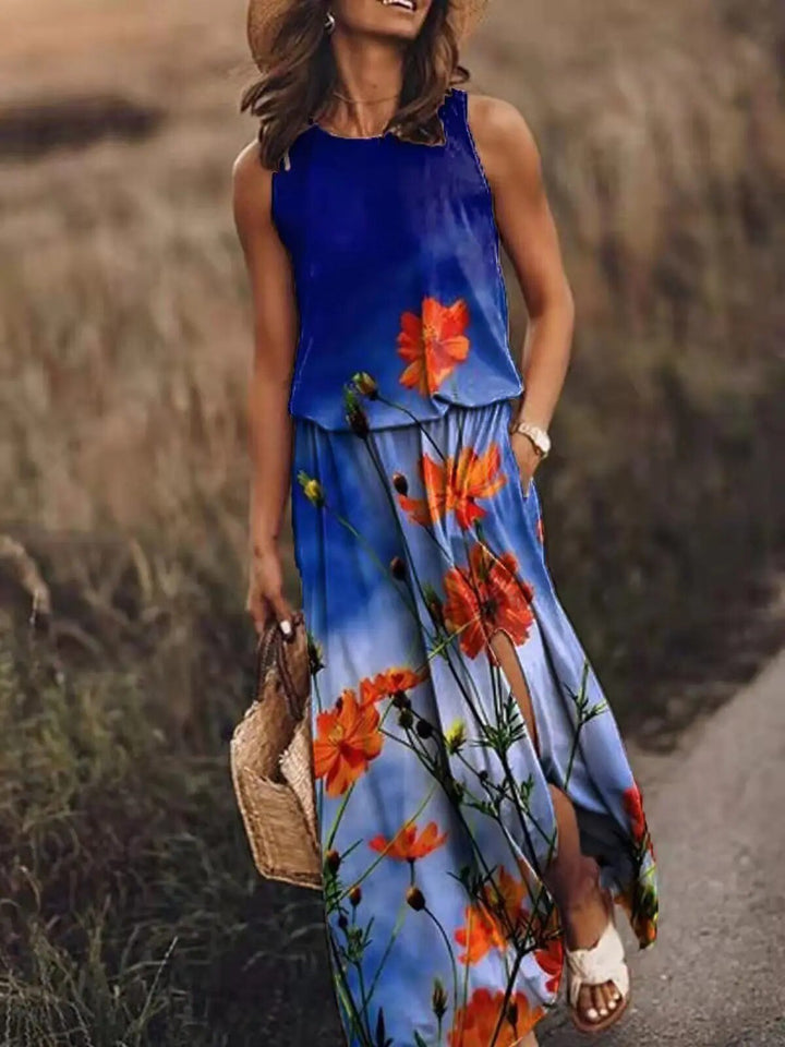 Layla — Robe Maxi Sans Manches Taille Elastique Boho Ete Orange Rose Bleue