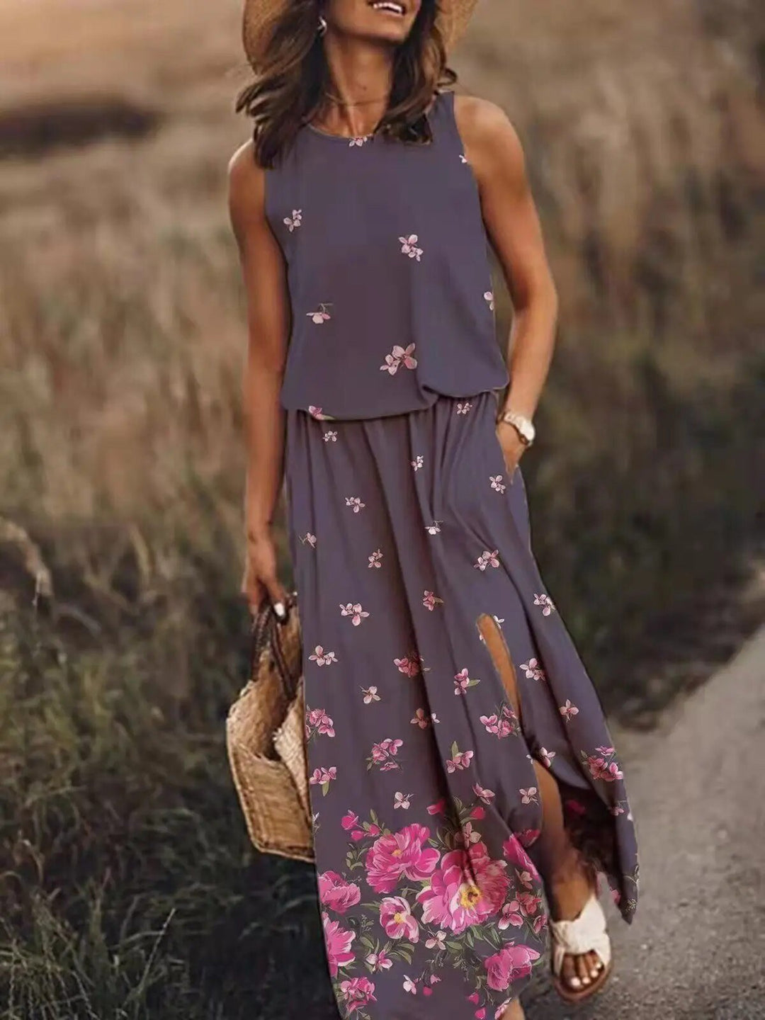 Layla — Robe Maxi Sans Manches Taille Elastique Boho Ete Orange Rose Bleue