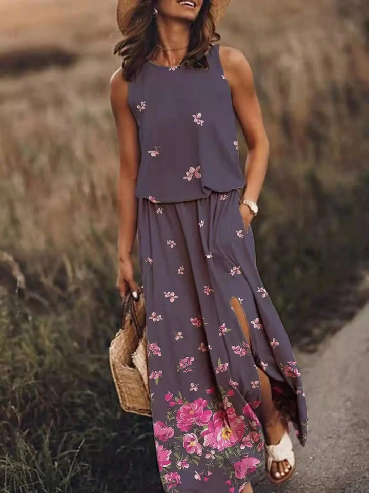 Layla — Robe Maxi Sans Manches Taille Elastique Boho Ete Orange Rose Bleue