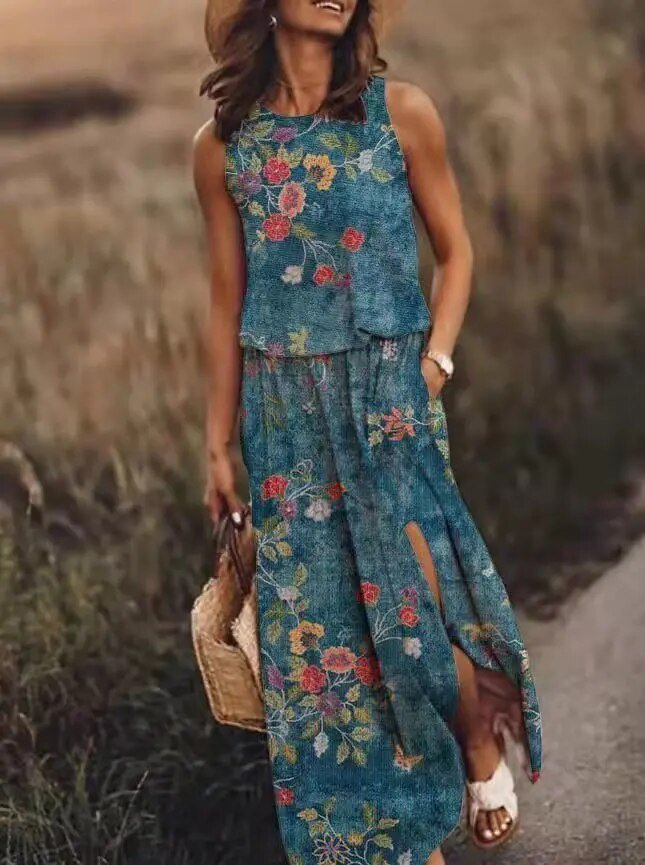 Layla — Robe Maxi Sans Manches Taille Elastique Boho Ete Orange Rose Bleue
