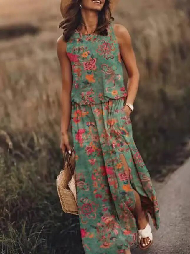 Layla — Robe Maxi Sans Manches Taille Elastique Boho Ete Orange Rose Bleue