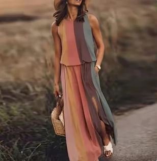 Layla — Robe Maxi Sans Manches Taille Elastique Boho Ete Orange Rose Bleue