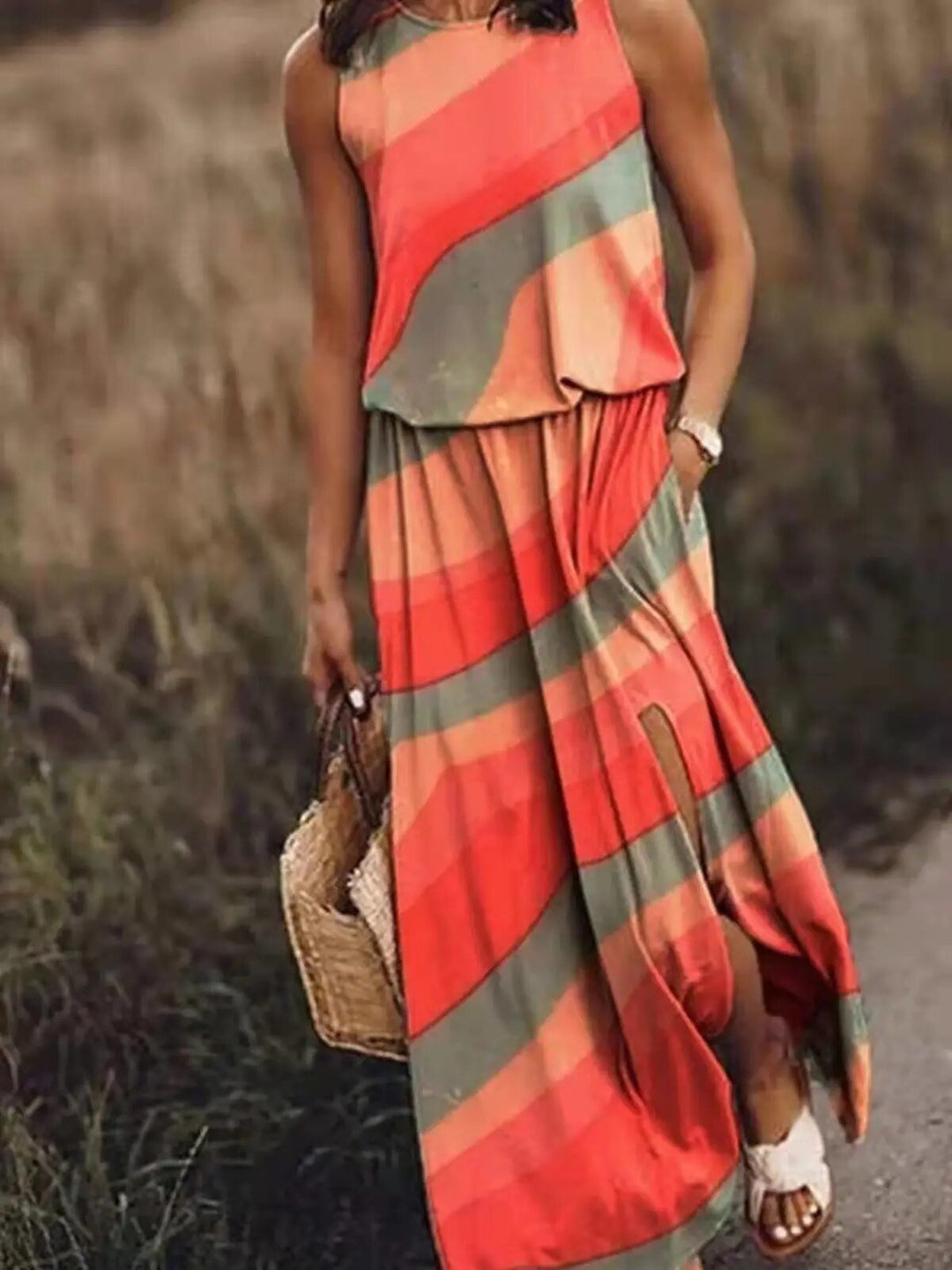 Layla — Robe Maxi Sans Manches Taille Elastique Boho Ete Orange Rose Bleue