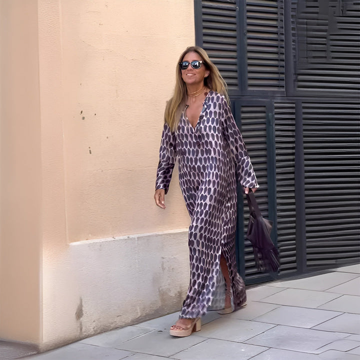 Elizabeth — Robe Maxi Boho Manches Longues Imprimee Violette Marron