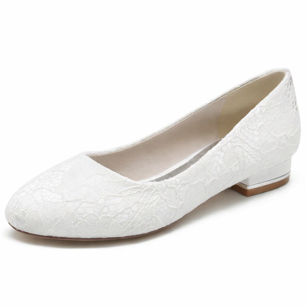 Chaussures Mariée Dentelle Blanche Femme | Bout Rond Plates Confortables