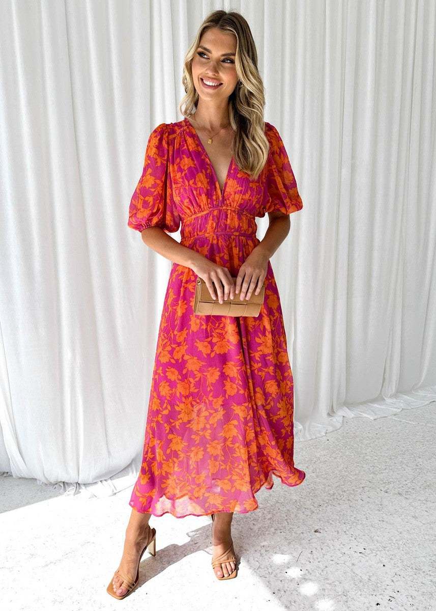 Isabella — Robe Mariage Invitee Florale Col V Maxi Orange Estivale