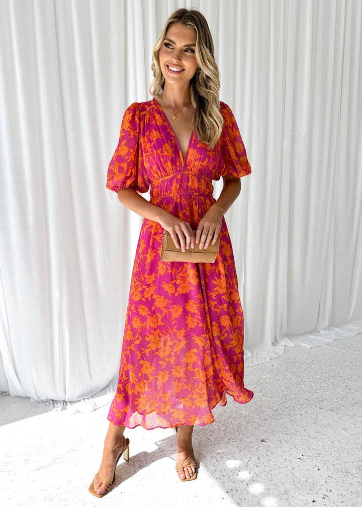 Isabella — Robe Mariage Invitee Florale Col V Maxi Orange Estivale