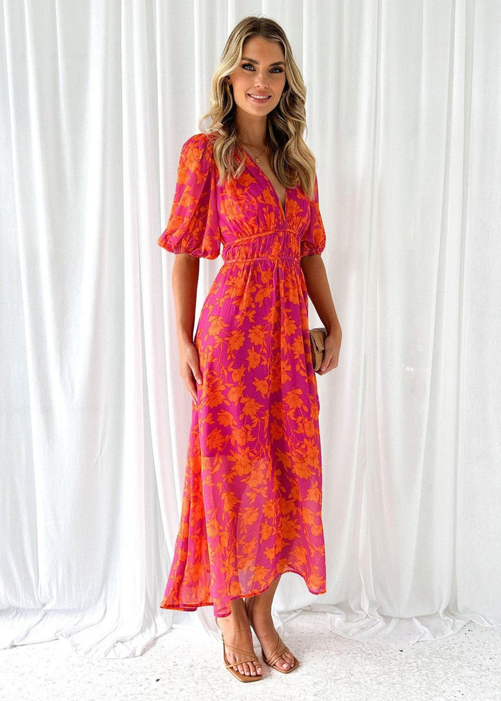 Isabella — Robe Mariage Invitee Florale Col V Maxi Orange Estivale