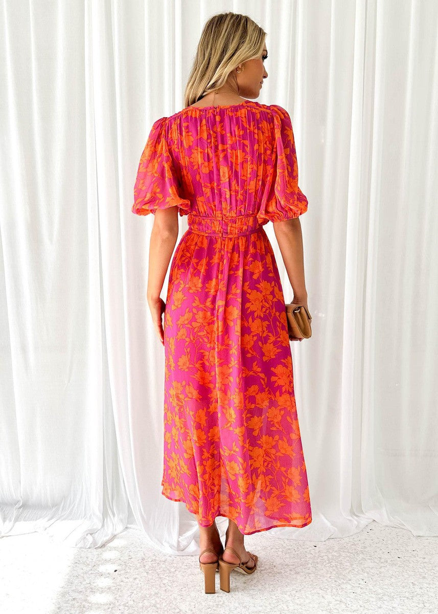 Isabella — Robe Mariage Invitee Florale Col V Maxi Orange Estivale