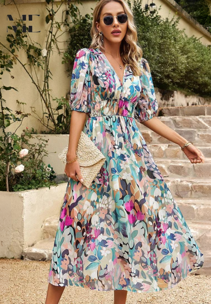 Jasmine — Robe Mariage Invitee Florale Col V Midi Bleue Rose Bleu Ciel