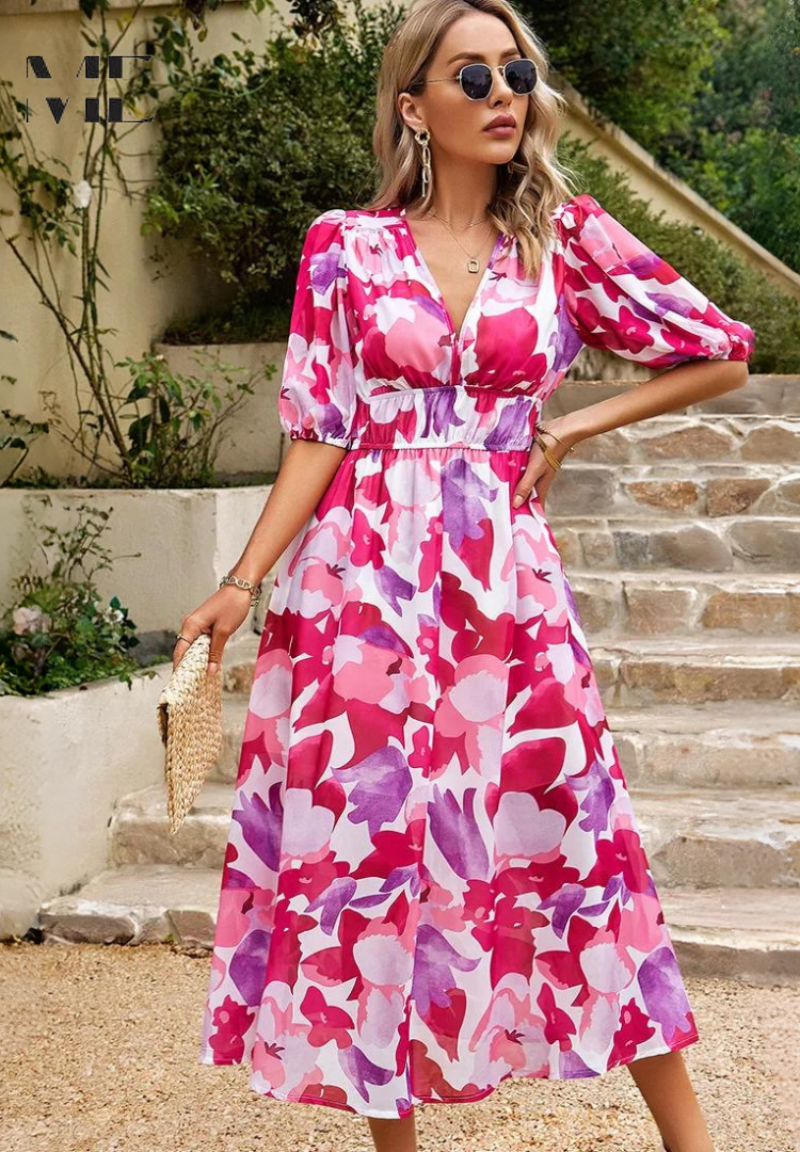 Jasmine — Robe Mariage Invitee Florale Col V Midi Bleue Rose Bleu Ciel