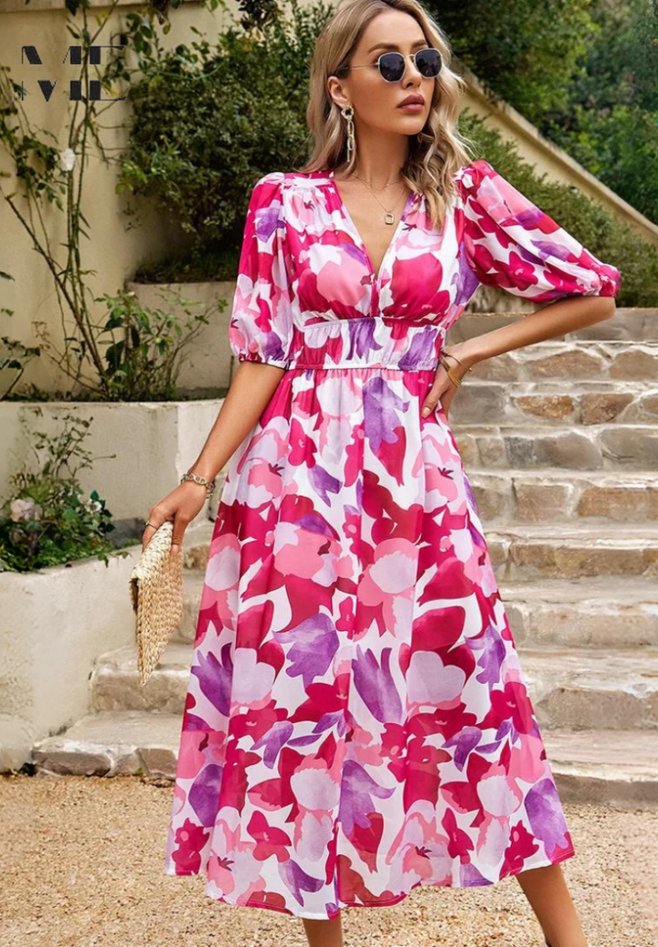 Jasmine — Robe Mariage Invitee Florale Col V Midi Bleue Rose Bleu Ciel