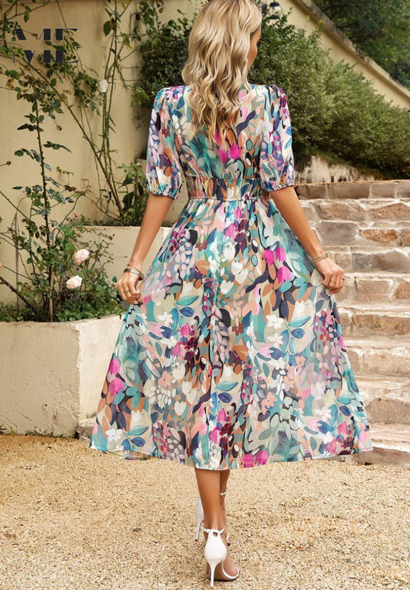 Jasmine — Robe Mariage Invitee Florale Col V Midi Bleue Rose Bleu Ciel