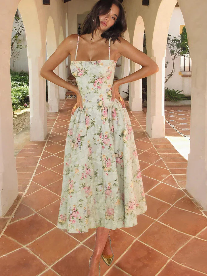 Hazel — Robe Mariage Invitee Florale Bretelles Midi Verte Pour Ceremonie Naturelle