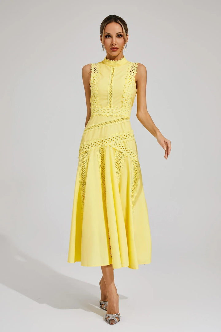 Caroline — Robe Mariage Invitee Dentelle Sans Manches Midi Jaune Blanche Bleue