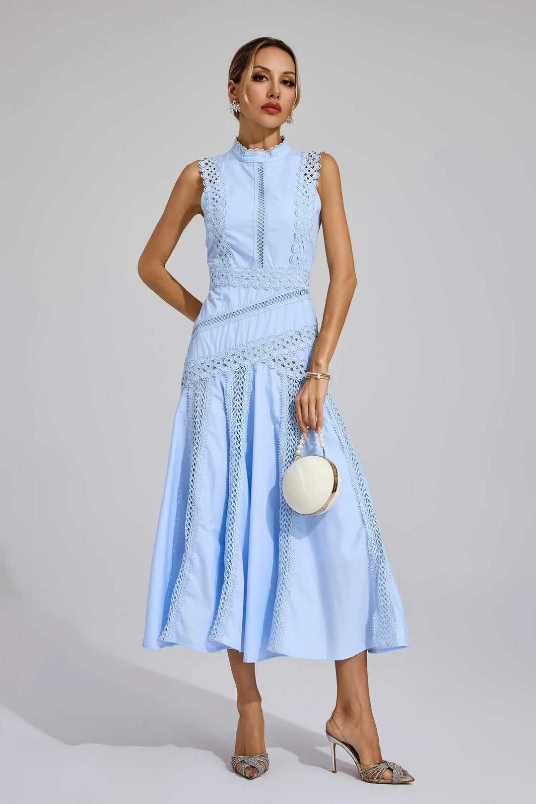 Caroline — Robe Mariage Invitee Dentelle Sans Manches Midi Jaune Blanche Bleue