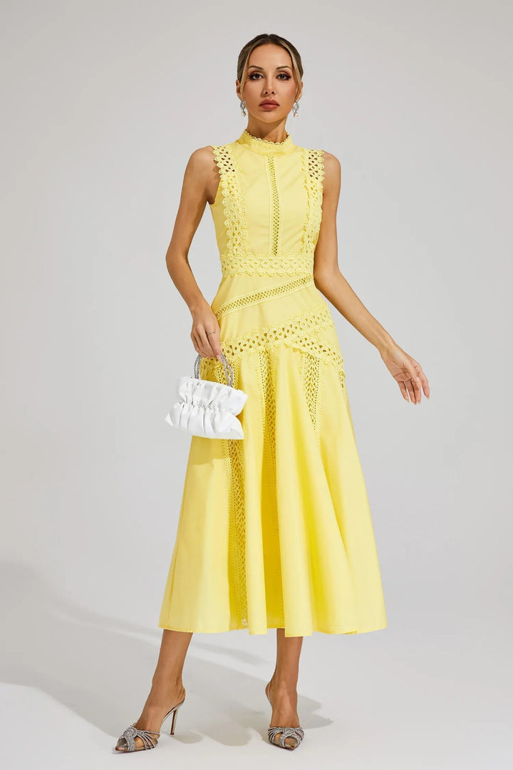 Caroline — Robe Mariage Invitee Dentelle Sans Manches Midi Jaune Blanche Bleue