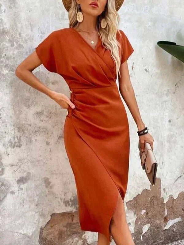 Chloe — Robe Mariage Invitee Portefeuille Col V Midi Orange Elegante