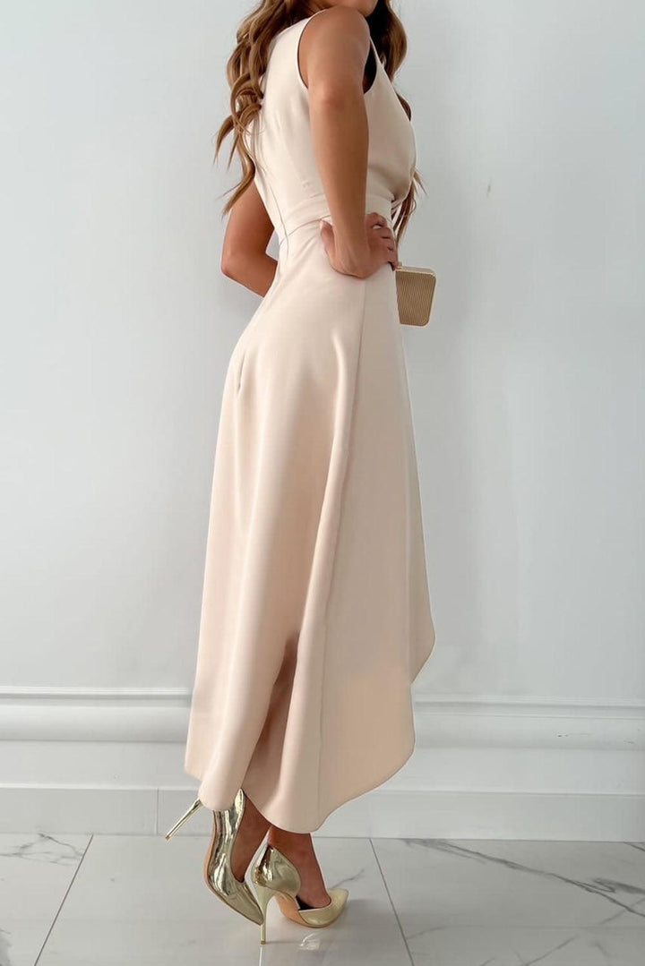 Hailey — Robe Mariage Invitee Asymetrique Sans Manches Midi Beige