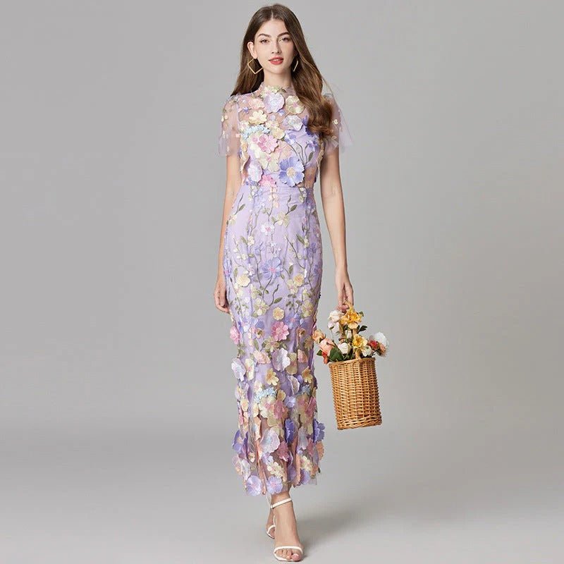 Scarlett — Robe Maxi Applique Florale Sans Manches Beige Jaune Rose Violette