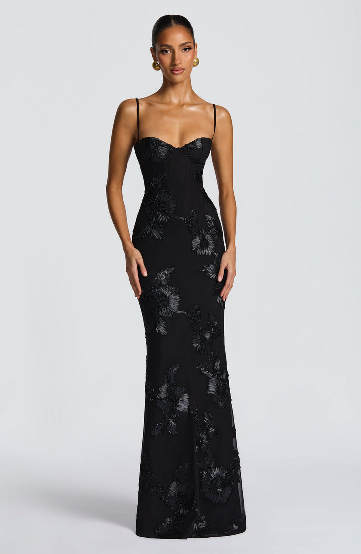 Audrey — Robe Mariage Invitee Brodee Florale Maxi Jaune Bleu Ciel Noire