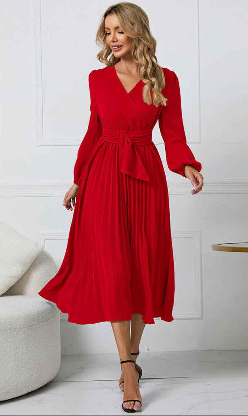 Grace — Robe Mariage Invitee Manches Longues Midi Noire Verte Rouge