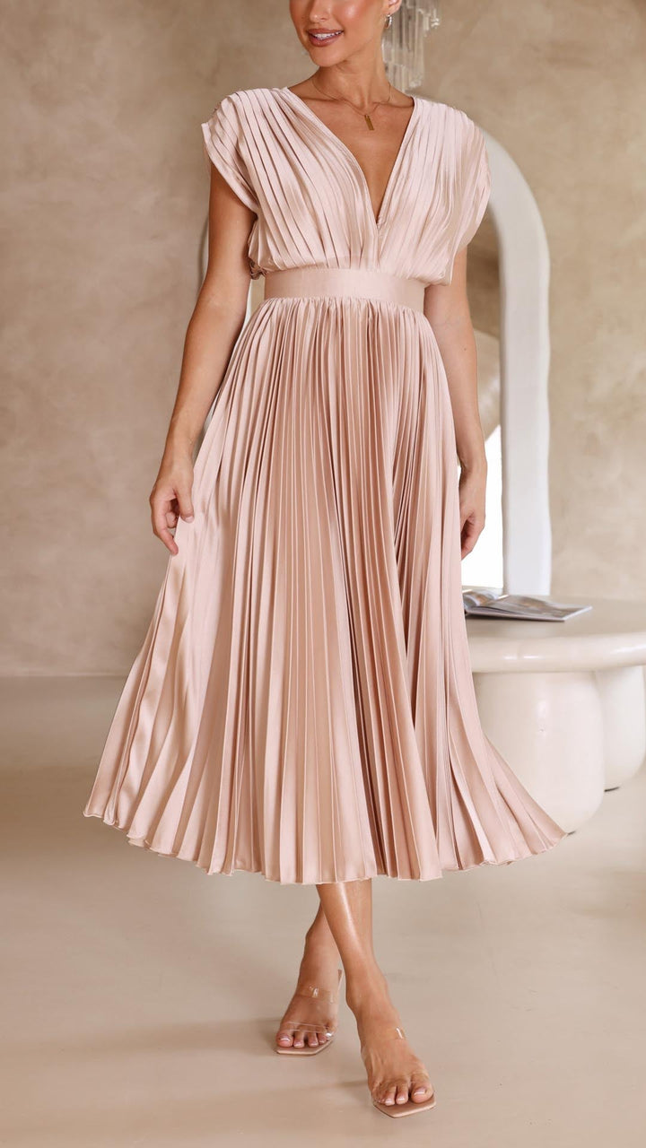 Kaitlyn — Robe Mariage Invitee Plissee Col V Midi Champagne Rose Antique Grise