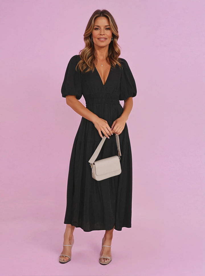 Eleanor — Robe Midi Col V Manches Bouffantes Taille Smockee Blanche Noire Rose Creme