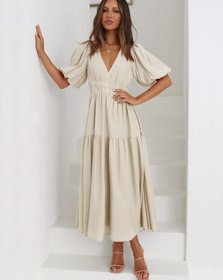 Eleanor — Robe Midi Col V Manches Bouffantes Taille Smockee Blanche Noire Rose Creme