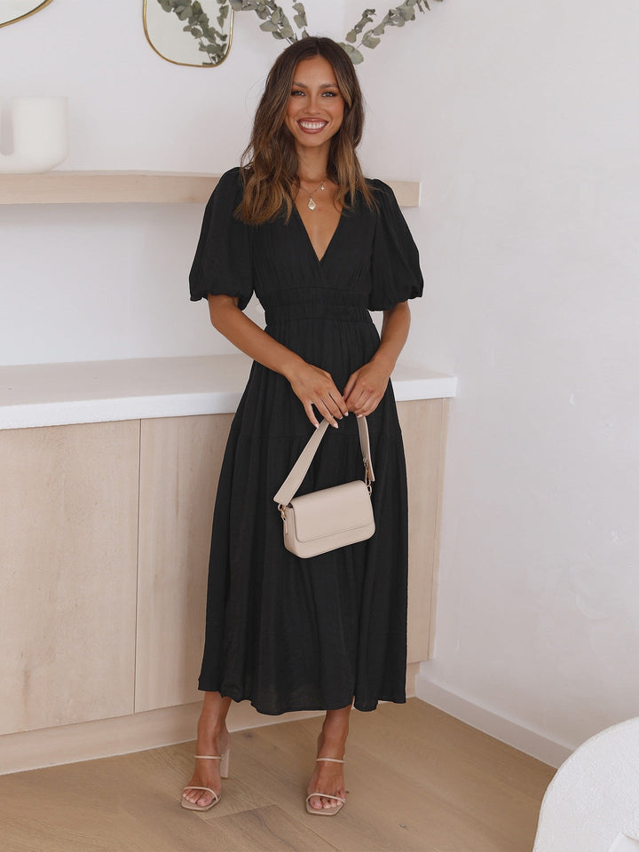Eleanor — Robe Midi Col V Manches Bouffantes Taille Smockee Blanche Noire Rose Creme
