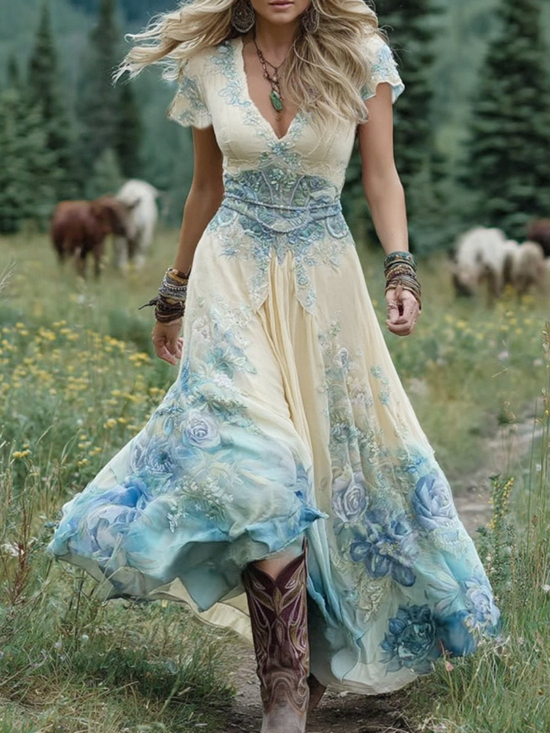 Sophia — Robe Femme Florale Beige, Bleue, Kaki Pour Style Confirme